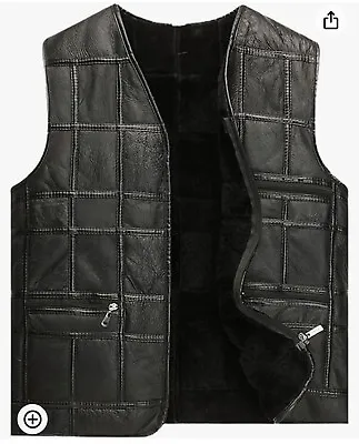 Sheepskin Black Leather Shearling Vest With Pockets. Sz L. Mint • $59