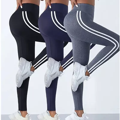 Womens High Waist Gym Leggings Stripe Fitness Sports Running Ladies Yoga Pants • £10.98