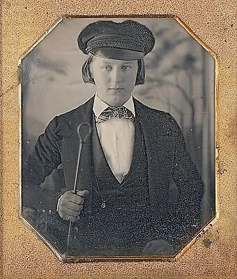 Handsome Young Man With Wheel Cap Holding Cane 1/6 Plate Daguerreotype J793 • $408.75