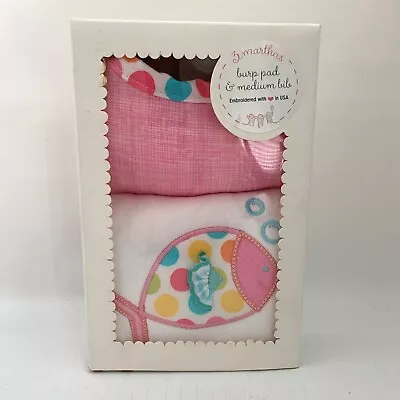 New 3 Marthas Medium Bib Burp Pad Pink Polka Dot Fish Boxed Gift Set NIB • $24.99