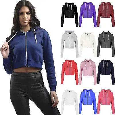 Ladies Womens Plain Fleece Hooded Zip Up Sweatshirt Long Sleeve Crop Hoody Top • £5.99