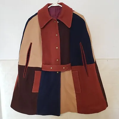 Vintage 1970s Cape Poncho Coat Color Block Wool Redish Browns Navy Mod Women's • $54.99