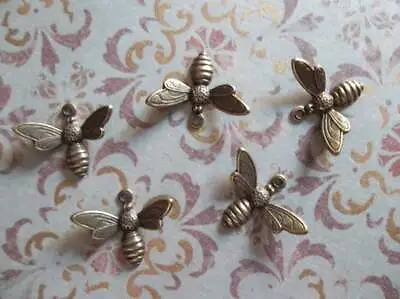 Tiny Antiqued Brass Bee Charms Or Pendants Wings Bent In Flight 13X7mm - Qty 5 • $2.24