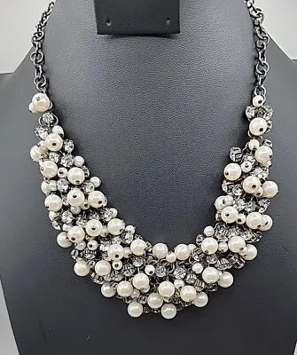 Vintage Premier Design Rhinestone Faux Pearl Cluster Bib Statement Necklace 18   • $35