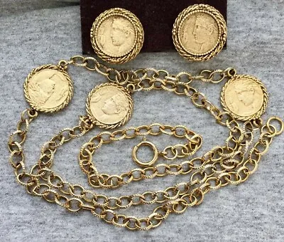 VTG Lazuli Coin Necklace Earring Set Designer Couture Clip On Etruscan Runway EC • $185