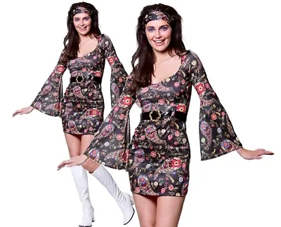 Adult RETRO GIRL Black Flower Power Fancy Dress 60s Ladies Go Go Hippy Costume • £12.45