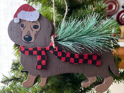 DACHSHUND Christmas Ornament Red Wood Brown Large Santa Hat Black Tan NEW • $6.99