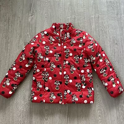 Disney Minnie Mouse Girls Puffer Jacket Size 7/8 Full Zip Pockets Polka Dots • $8.97