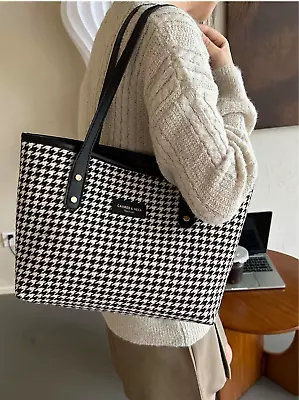 Black Houndstooth Large Capacity Laptop Tote Bag Simple Casual Shoulder Bag • $32.99