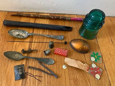 Antique Junk Drawer LOT Vtg Victorian Easter Egg Vtg Flute Spoon Hat Pin Tintype • $69.99