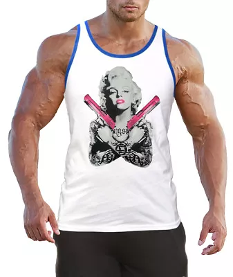 Men's Marilyn Monroe Pink Guns White Tank Top BL Tattoo Weed Hollywood Gangster • $11.99