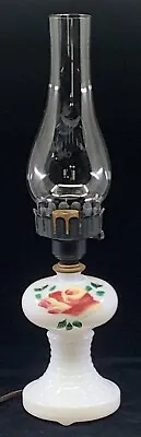 Vintage Electric Milk Glass Hand Painted Hurricane Table Lamp Chic Rose Hobnail • $38.98