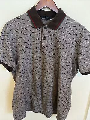 Gucci Men Interlocking GG Logo Polo Shirt 3xL Grey/Brown/Red Cotton Short  Slee • $300