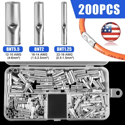 200Pcs Copper Bare Wire Splice Terminals Ferrule Butt Crimp Connectors 22-10 AWG • $9.98