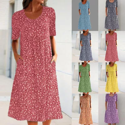 Plus Size Women Boho Floral Midi Dress Ladies Summer Holiday Pockets Sundress UK • £11.99