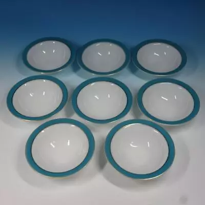 Vintage USA Pyrex Milk Glass - Turquoise Blue Gold Band - 8 Cereal Bowls • $50