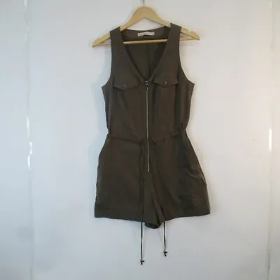 Karen Millen Playsuit UK 10 Shorts 1 Piece Sleeveless Khaki Front Zip Drawstring • £28