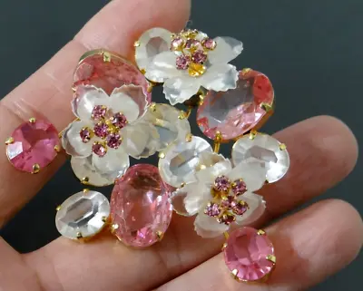 Signed VENDOME Vtg High End Clear Pink Rhinestones Half Frosted Flowers Brooch • $280