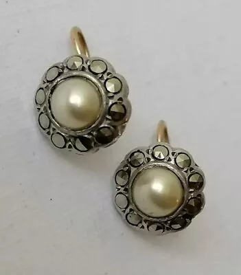 Edwardian Silver Antique Earrings Drop Dangle Gold Wire Marcasite Earrings  • £58