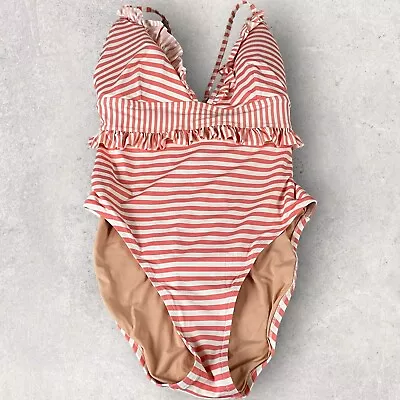 J Crew Swimsuit Womens Size 16 One Piece Plunging Ruffle Classic Stripe F29 • $18.95