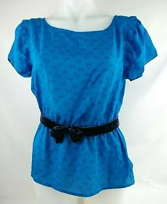 I Love H81 Forever 21 Short Sleeve Blue Bow Print Shirt W/Belted Women's Medium  • $14.40