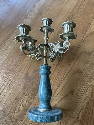 VINTAGE BRASS TONE Green Marble 4 ARM METAL 5  CANDLE HOLDER CANDELABRA 12” Tall • $13