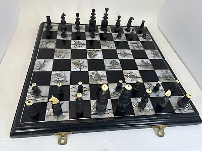 Mother Of Pearl Inlaid Folding Chess Set Black Lacquer Buffalo Horn Bone Lacquer • $195