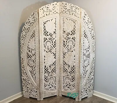 Floral Scrolling Carved Wood Folding 4 Panel Screen Room Divider Headboard Decor • $459.95