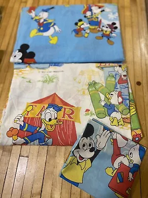 Vintage Disney Mickey Twin Sheet Set FRONTIERLAND Flat &Cases /Carnival Fitted • $35