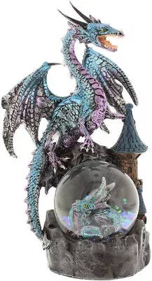 Blue Dragon With Waterball & Baby Dragon Figurine Dragon Snowglobe (61066) • £24.95