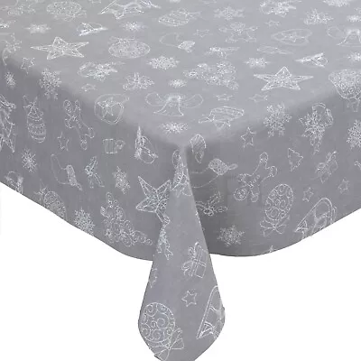 Festive Grey Linen Look Christmas PVC Vinyl Wipe Clean Oilcloth Tablecloth • £10.99