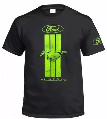 $29 • Buy Ford Mustang Green Stripe & Sleeve Print T-Shirt (Black, Regular And Big Sizes)