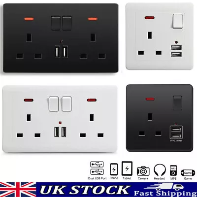 Double Wall Plug Socket 2 Gang 13A W/ 2 Charger USB Ports Outlets Flat Plate UK • £6.89