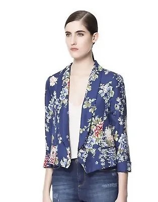 Zara Woman Cropped Blazer Jacket Size M 10 12 Oriental Floral Print Blue Red • $68.45