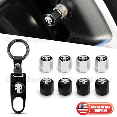 Universal Car Wheels Tire Valve Dust Stem Air Cap + Keychain Skull Punisher Logo • $9.99