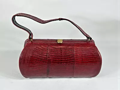 Vintage 1940's Red Snake Skin Barrel Bag Round Frame Purse Brass Clasp • $50