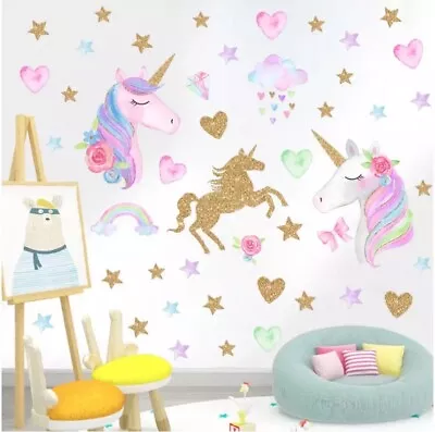 Unicorn Hearts Stars Removable Wall Stickers Decals Girls Pink • $15.99