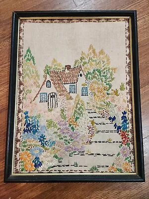 Vintage Embroidered Cottage Garden Framed Cottage Core Farmhouse Crewel  • $69.99