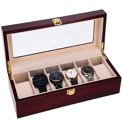 6 Slot Man Wrist Watch Box Display Case Glass Jewelry Wooden Storage Gift US • $28.99