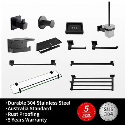 $30.60 • Buy MATT BLACK Towel Rack Rail Toilet Paper Roll Holder Brush Shelf Robe Hook SQUARE