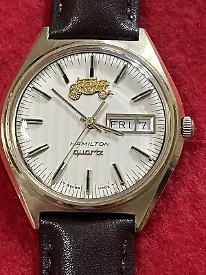 1970's Men's Hamilton Quartz Wristwatch W/10K Solid Gold Car On Dial-Runs Great • $132.50