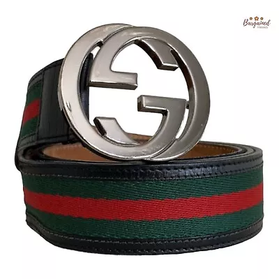 Authentic Gucci Web Green/Red Canvas Silver Interlocking G Buckle Belt 95/38 • $345