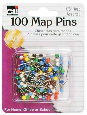 Charles Leonard 1/8  Map Pins Assorted Colors 100/Pk Plastic Head School Office • $4.49