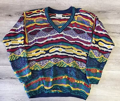 Vintage COOGI Sweater Medium Australia Multicolor Biggie V Neck 3D Texture Cosby • $200