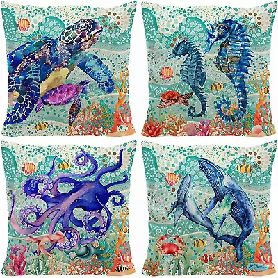 Ocean Theme Nautical Decorative Pillow Covers Sea Turtle Octopus Seahorse Whale • £28.22