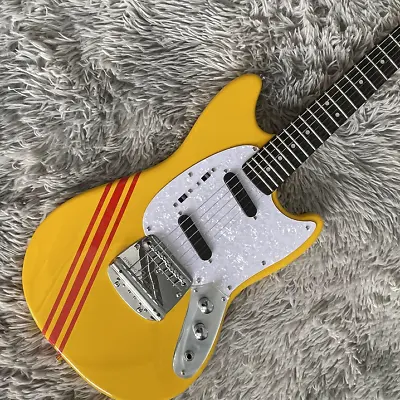 Custom Electric Guitar Mustang Yellow S-S Pickups Red Strip Chrome Hardware • $276