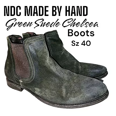 N.D.C. Made By Hand 40 9US Distressed Green Suede Leather Pull On Chelsea Boots • $47.77