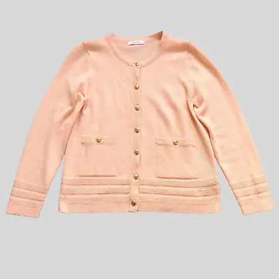 M&S Classic Cardigan Women 12 Peach Lambs Wool Blend Open Knit Jumper Pockets • £14.83