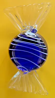 Wrap Candy Blue With White Stripes Murano Art Glass Hand Blown Large Paperweight • $28