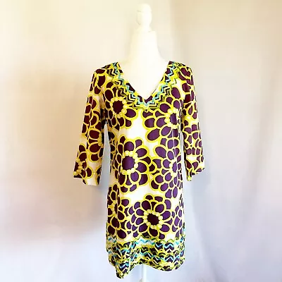 Boden Ibiza Kaftan Ric Rac Coverup Tunic Dress Size 10 Purple Yellow Floral • $25